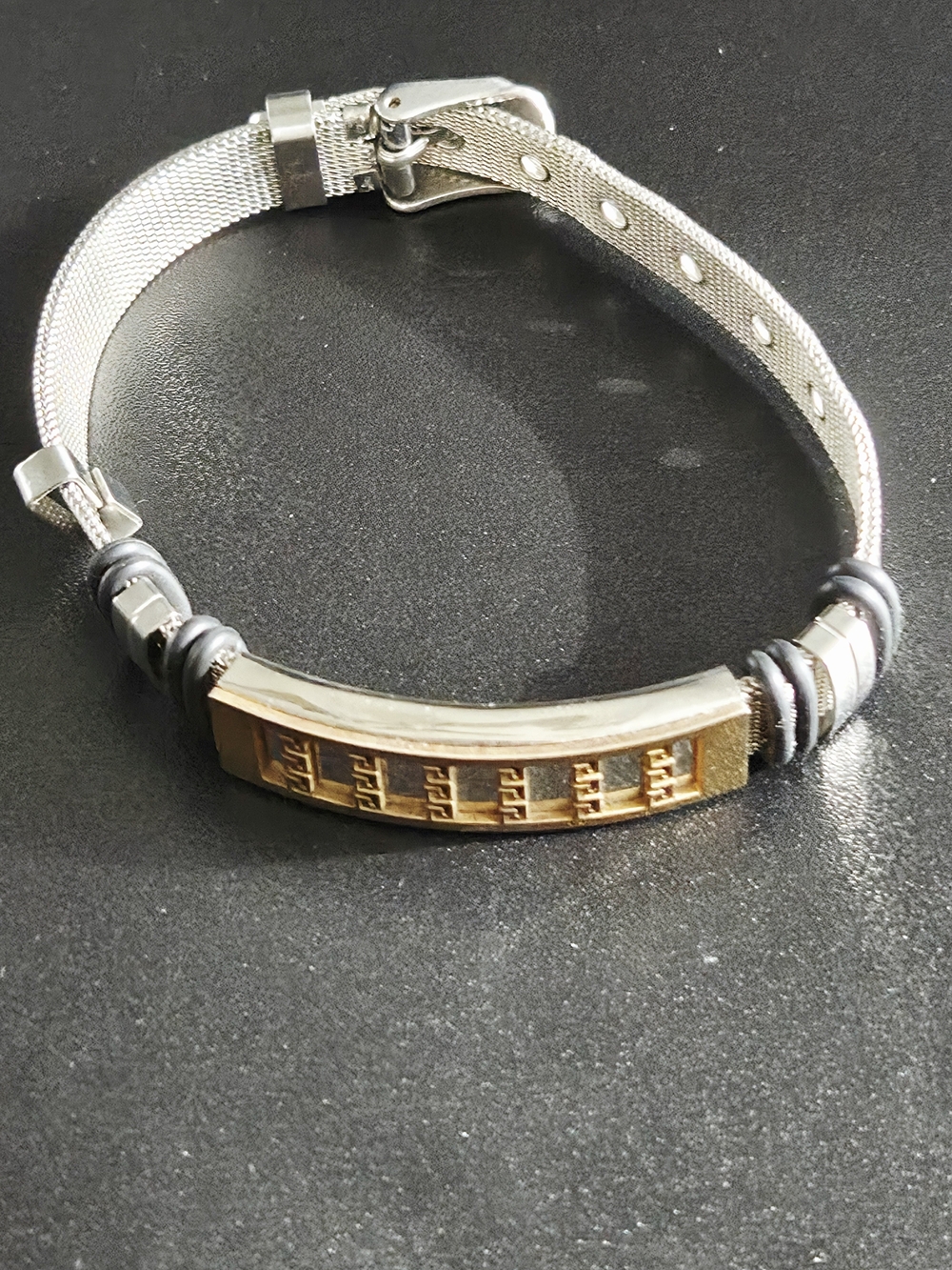 Two-Tone Silver & Gold Mesh Bracelet In Stainless Steel with Decorative Bar